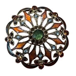 Vintage Signed Monet Crystal & Enamel Round Pin/Brooch Gold Tone